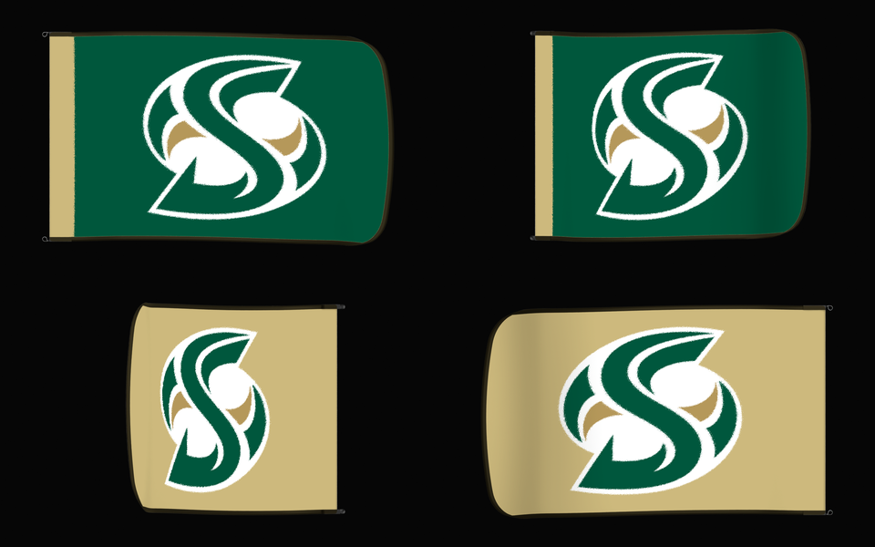 Sacramento State Hornets Authentic Gameday Flag — clean four-view front design, front flying, back flying, and back design proof — source_sha256=2155d79dfbf5fae2764839f5f760eb69c9a2c60f6e917c85659ccf02d533f612