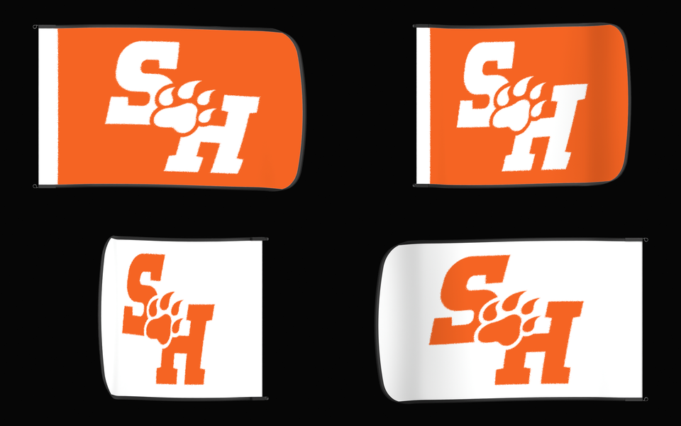 Sam Houston Bearkats Authentic Gameday Flag — clean four-view front design, front flying, back flying, and back design proof — source_sha256=e71fb9939d91ea8b4446e081c9a500a7bf649f1e823c0b468dd91c1b976ebd1f