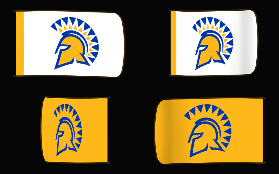 San José State Spartans Authentic Gameday Flag — clean four-view front design, front flying, back flying, and back design proof — source_sha256=7d63b0c05b39365ae6f3e32a8a82af757e646e9adc58907dfb4d555644d75229