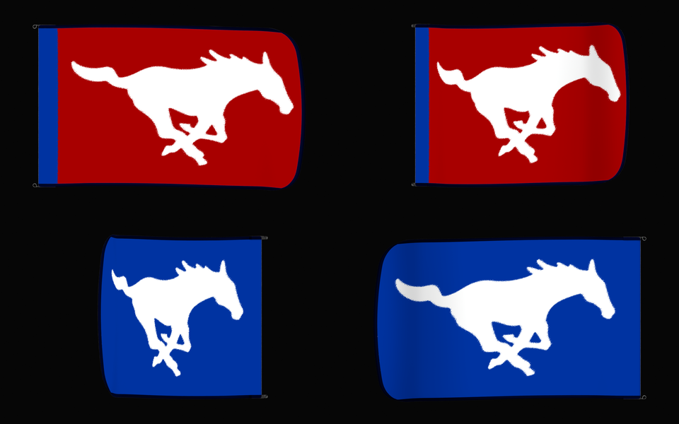 SMU Mustangs Authentic Gameday Flag — clean four-view front design, front flying, back flying, and back design proof — source_sha256=4b2a475e08bf8bb0e031c7e9e7c62350c76e62d10278ced076934760081b9e43