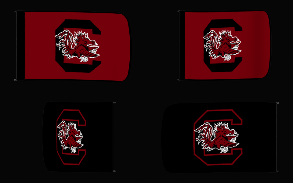 South Carolina Gamecocks Authentic Gameday Flag — clean four-view front design, front flying, back flying, and back design proof — source_sha256=318065bd43cd6a3702f83711a1c6ba7c62c96104f6e201b4d90f01109ab64b56