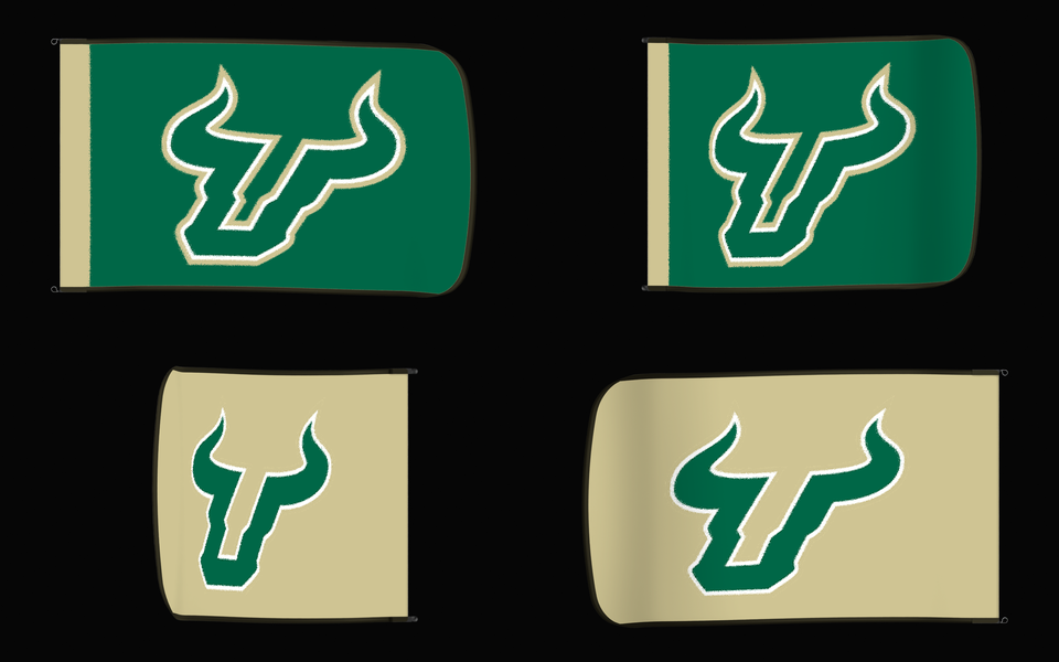 South Florida Bulls Authentic Gameday Flag — clean four-view front design, front flying, back flying, and back design proof — source_sha256=433b6cebca3367a73266c451c9d43f89ba2e1630d492e2a2e8fde2c44c4fa1ef