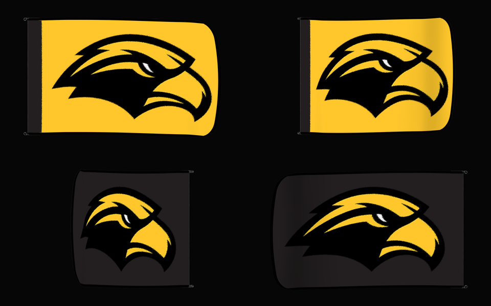 Southern Miss Golden Eagles Authentic Gameday Flag — clean four-view front design, front flying, back flying, and back design proof — source_sha256=3edf2b3d23e374eb1cc53c7025fa3f062f2c2cf0d1a11843220fba172798eb4b