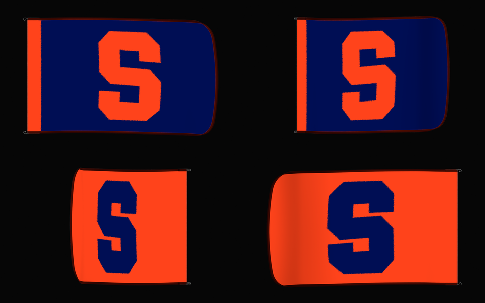 Syracuse Orange Authentic Gameday Flag — clean four-view front design, front flying, back flying, and back design proof — source_sha256=ca3997bfc9e62005cbb479113257c5550c57c312ccc722a258a9ce527670195b