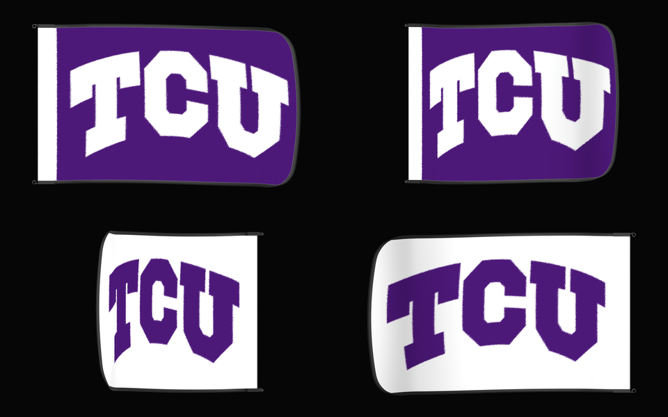 TCU Horned Frogs Authentic Gameday Flag — clean four-view front design, front flying, back flying, and back design proof — source_sha256=f77fed1271e071789c13d29eeefbea789724a2f7d068657d42879f9e21a28299