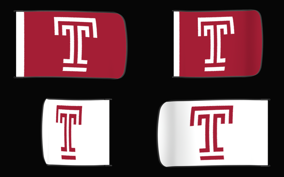 Temple Owls Authentic Gameday Flag — clean four-view front design, front flying, back flying, and back design proof — source_sha256=6b089acfdaa97b28912c8c72cf0a8db965484c4ae4d7e323ca4ad1deb45ff70f