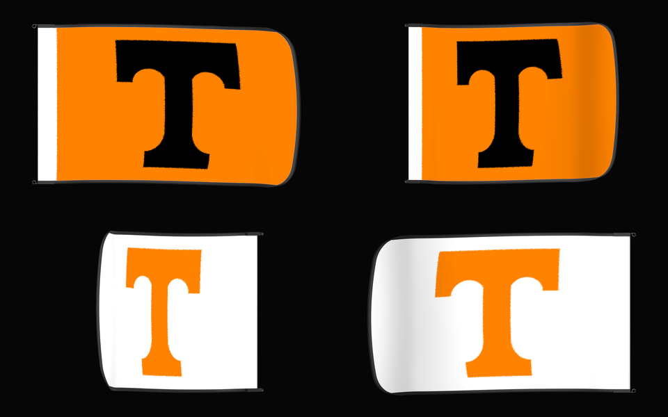 Tennessee Volunteers Authentic Gameday Flag — clean four-view front design, front flying, back flying, and back design proof — source_sha256=4446913cb4dc3a80c9c5917f28397c8ae4dba6546394b57945b908b9f3417244