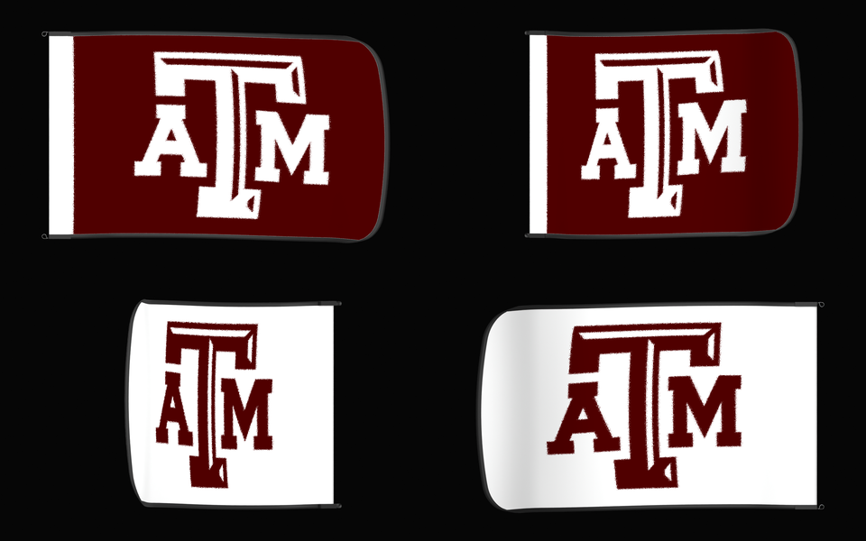 Texas A&M Aggies Authentic Gameday Flag — clean four-view front design, front flying, back flying, and back design proof — source_sha256=15f55db9dcb1e15c0a639c7b1b738bc3d76f3ab687147991b043f9971d505463