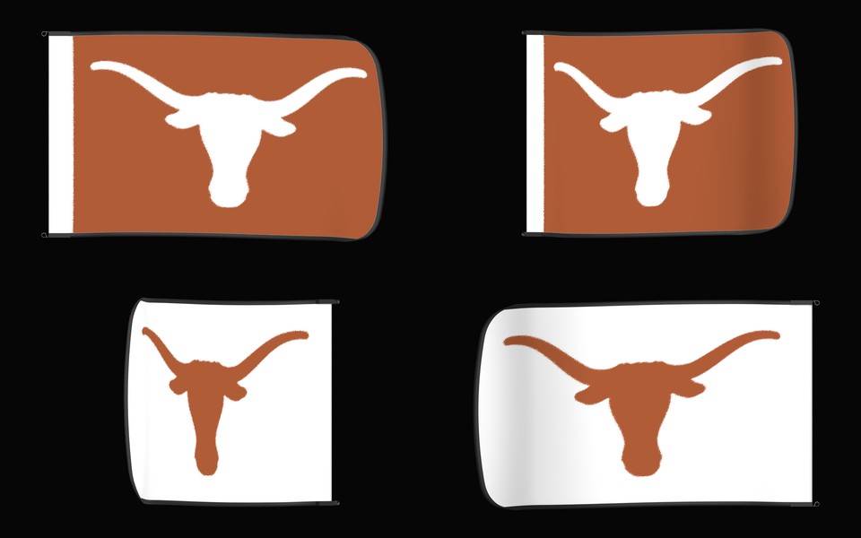 Texas Longhorns Authentic Gameday Flag — clean four-view front design, front flying, back flying, and back design proof — source_sha256=9472d84621c45bd7afa6f39a86da91678a73aea86a5fbb2b00a04d2edc5abaa8