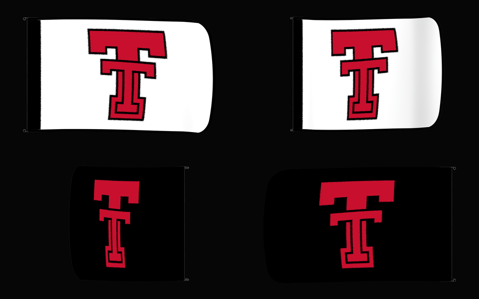Texas Tech Red Raiders Authentic Gameday Flag — clean four-view front design, front flying, back flying, and back design proof — source_sha256=3127271ca83db0e572601f18981e953d43d6efb02cf775f12f2606b56e6a39c1