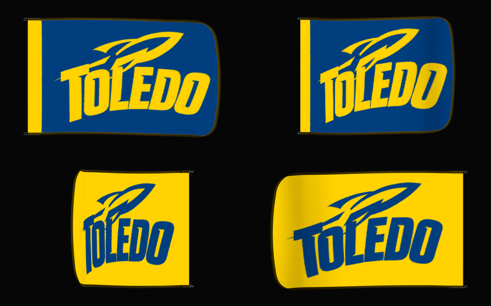 Toledo Rockets Authentic Gameday Flag — clean four-view front design, front flying, back flying, and back design proof — source_sha256=c4c380cb5ec21c4584ea1c77ea9f4b9b43d7b18738719390b1701a54aafb76f9