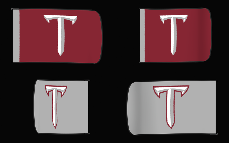 Troy Trojans Authentic Gameday Flag — clean four-view front design, front flying, back flying, and back design proof — source_sha256=84f09c49bb7ae77b64d9625ef49d7cb6ef16393135fa9851b9bdb467bca8bf8a