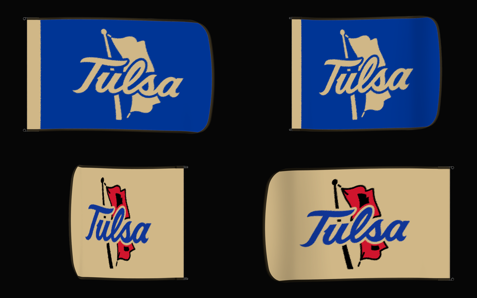 Tulsa Golden Hurricane Authentic Gameday Flag — clean four-view front design, front flying, back flying, and back design proof — source_sha256=38e29110f184f369bceda589e24ec5cb3239de53c3f3fcb8e9d40630b392f398