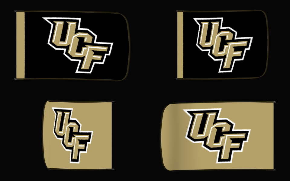UCF Knights Authentic Gameday Flag — clean four-view front design, front flying, back flying, and back design proof — source_sha256=01e80f8c2c813c083009ea0fc144c8a7e41b93dd9e74f558c7114cebe0b38f7b