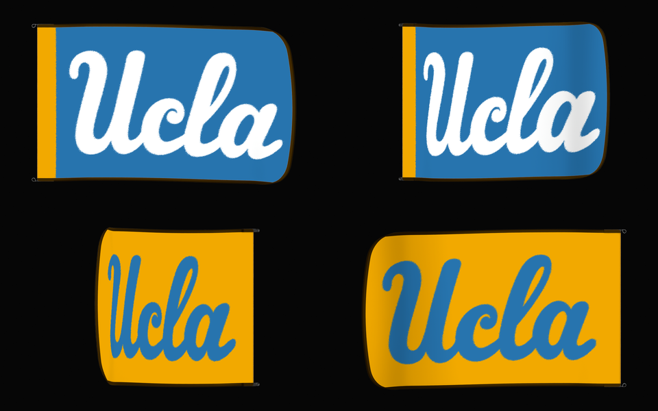 UCLA Bruins Authentic Gameday Flag — clean four-view front design, front flying, back flying, and back design proof — source_sha256=7350472ac9b7d28019051181e6d3c1b10c773d93aad6af1ad7f4d9884214dffe