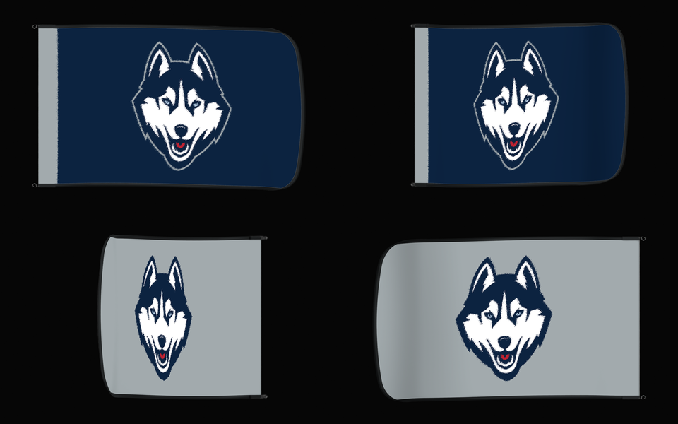 UConn Huskies Authentic Gameday Flag — clean four-view front design, front flying, back flying, and back design proof — source_sha256=a917bb15d08ed500c217d35b9c2692d2aa280802f577c5e7346c9b89f15b625f