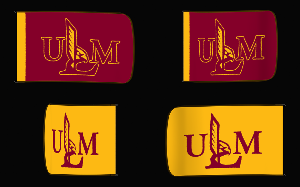 UL Monroe Warhawks Authentic Gameday Flag — clean four-view front design, front flying, back flying, and back design proof — source_sha256=863eca27c1fe2ea4d16d747183e8838673e81f51875aa5d562272638d6a573c3