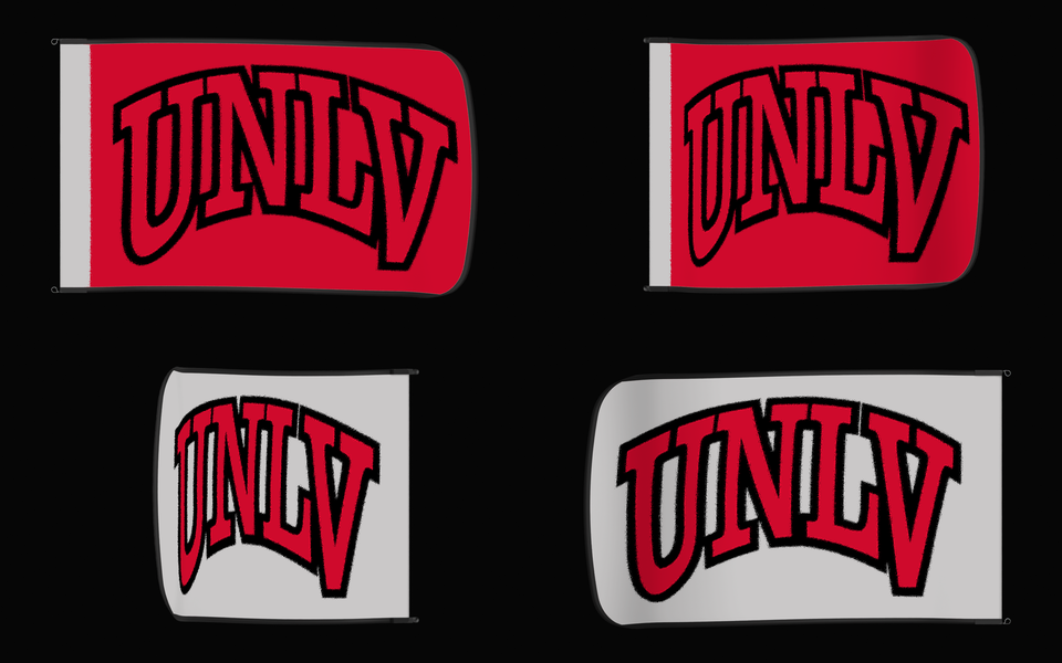 UNLV Rebels Authentic Gameday Flag — clean four-view front design, front flying, back flying, and back design proof — source_sha256=8463b6b0208f15b8204e2fdacbfaa9f34fa8a30916374423feb1f21ce6236a29
