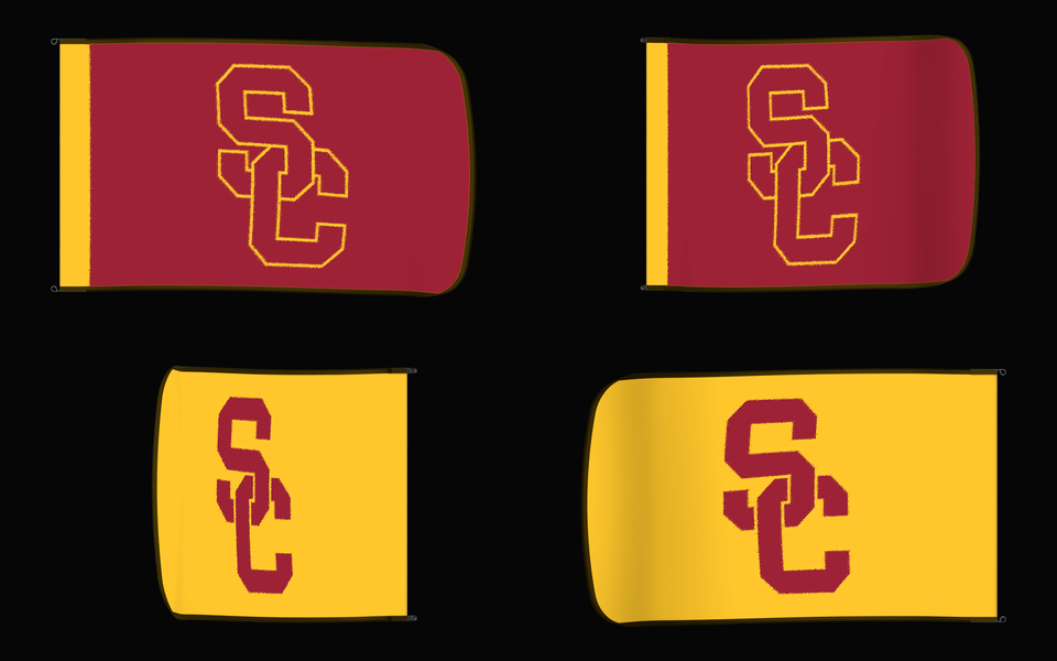 USC Trojans Authentic Gameday Flag — clean four-view front design, front flying, back flying, and back design proof — source_sha256=2df685bb300fb7b5f724c6d2719f17b2fa7d1deff3de2d231b9ec78ae00061a6
