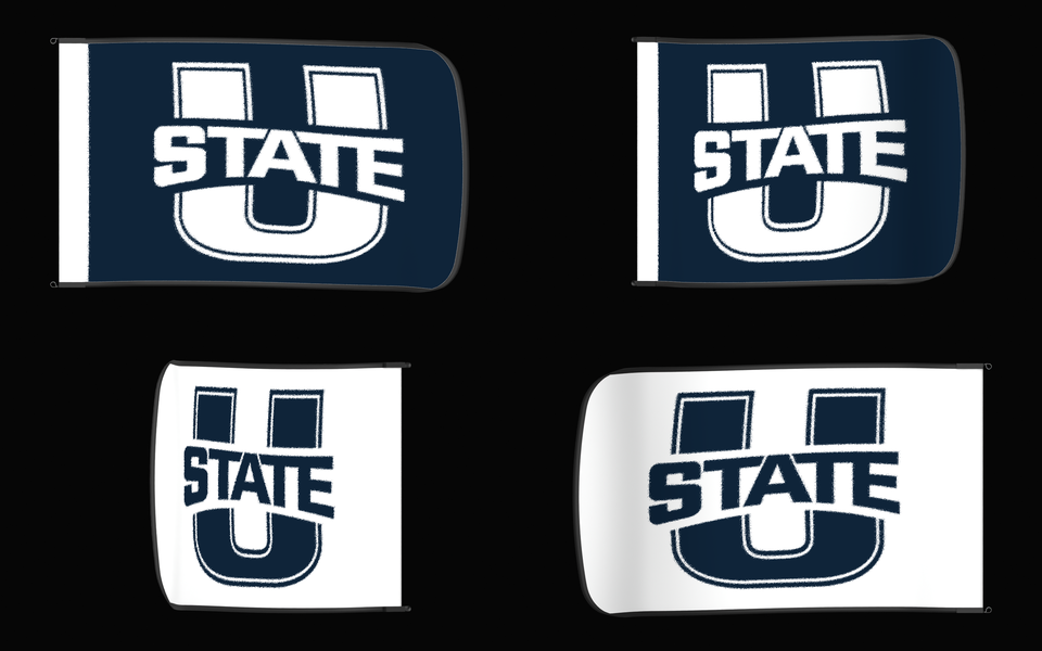 Utah State Aggies Authentic Gameday Flag — clean four-view front design, front flying, back flying, and back design proof — source_sha256=260e2373c9357803240e899702ff641faaf3895980508294b9caf3831e1ccd52