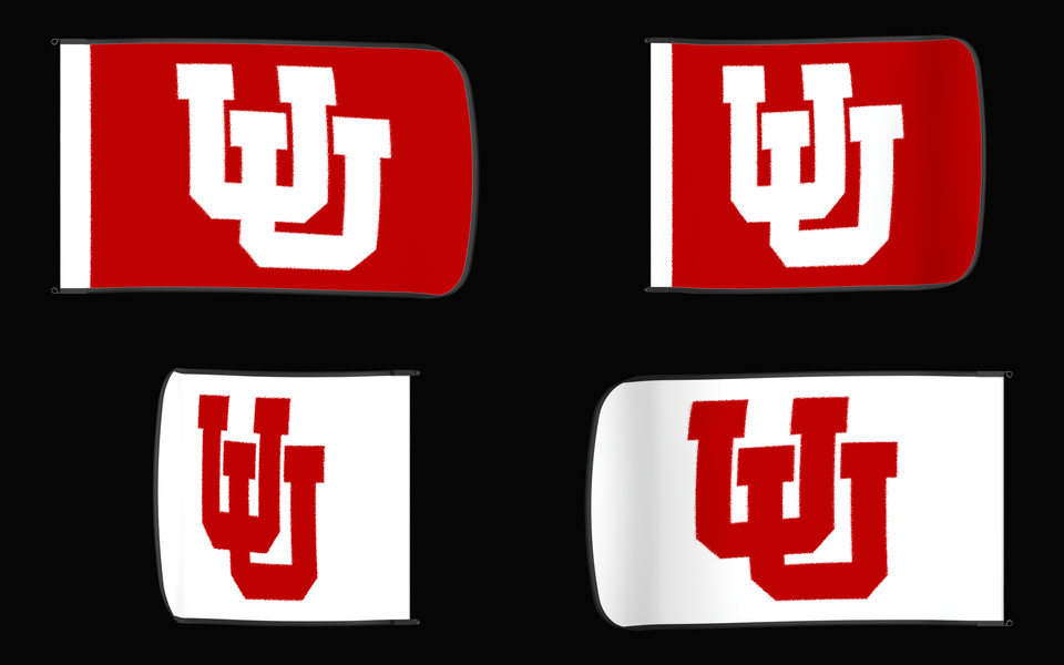 Utah Utes Authentic Gameday Flag — clean four-view front design, front flying, back flying, and back design proof — source_sha256=7a3d8a5ba42f56e6aca88977fb19880380f95fb96642121711f7cd4d1c2760bf