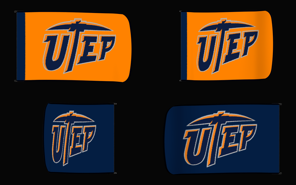 UTEP Miners Authentic Gameday Flag — clean four-view front design, front flying, back flying, and back design proof — source_sha256=830ccda303f2be6a8b503a61bebdd1ab649f9fe09d38cd3a856ee7ec3886933a