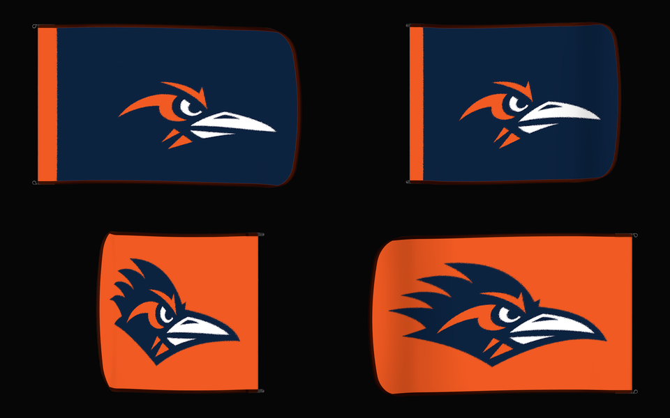UTSA Roadrunners Authentic Gameday Flag — clean four-view front design, front flying, back flying, and back design proof — source_sha256=2b8a17dc5a9c0b28696a8ef2d8976af73b0d07940641b47f9dd978b34122badc