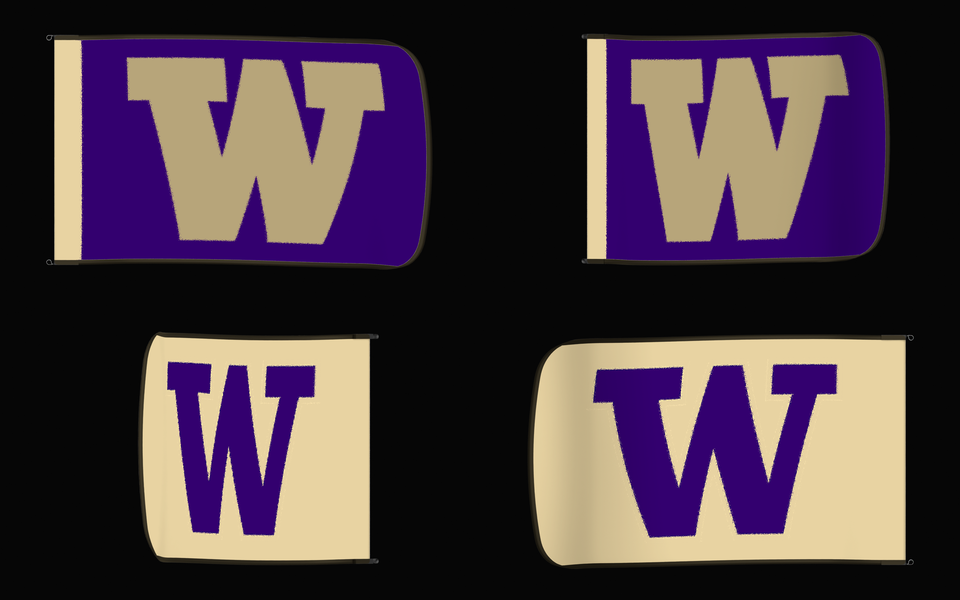 Washington Huskies Authentic Gameday Flag — clean four-view front design, front flying, back flying, and back design proof — source_sha256=140f6aad16c242fe7c5084fa3d8b393697177c67fffb30eac0670adece47db58