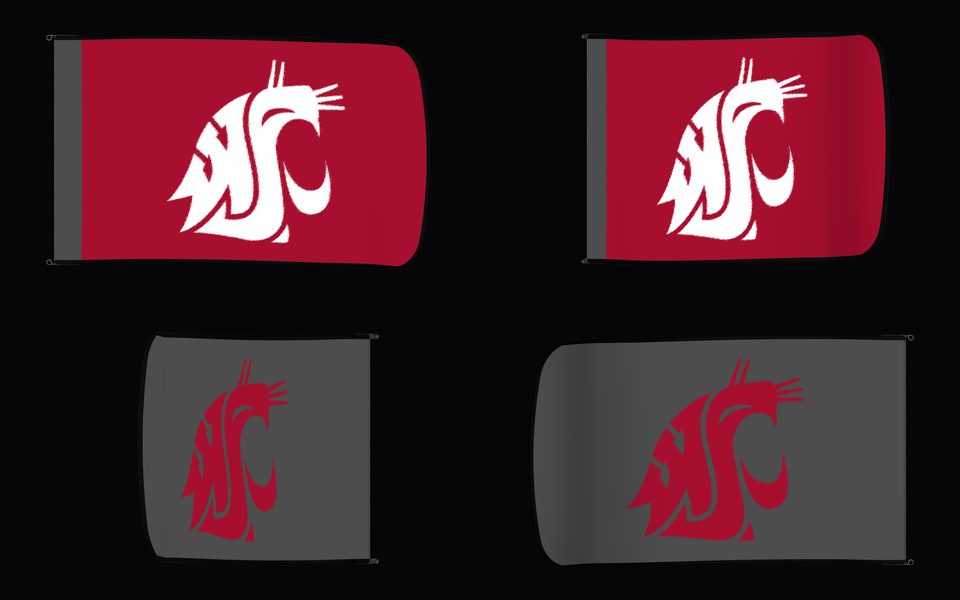 Washington State Cougars Authentic Gameday Flag — clean four-view front design, front flying, back flying, and back design proof — source_sha256=1476ee551ad09fe47545189d0c0c2982141d055ab6019e48397a53411ea1c340