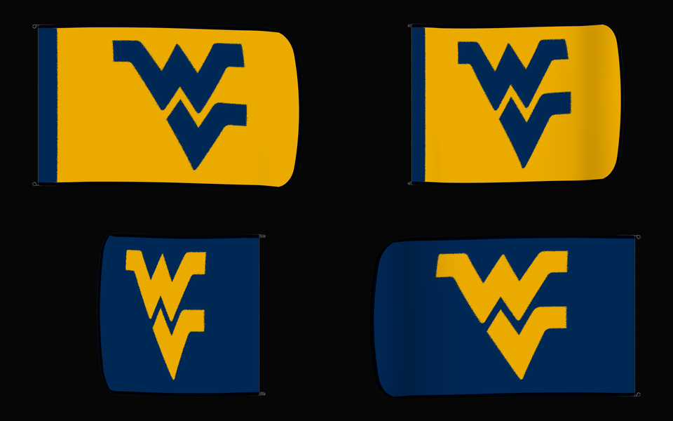 West Virginia Mountaineers Authentic Gameday Flag — clean four-view front design, front flying, back flying, and back design proof — source_sha256=4ec15476592698a7358361488d685a8396e3c6f086986391deddf0ba563c412f