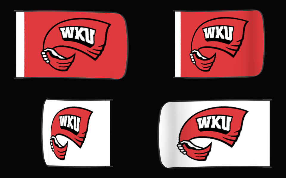 Western Kentucky Hilltoppers Authentic Gameday Flag — clean four-view front design, front flying, back flying, and back design proof — source_sha256=7fafbe3b7cc933a6ffc248d96af0a1f07eed3ab756574b74305d39f49d0ad5d7