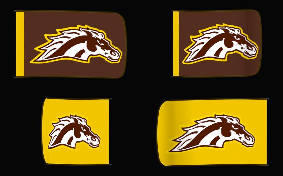 Western Michigan Broncos Authentic Gameday Flag — clean four-view front design, front flying, back flying, and back design proof — source_sha256=af084da36f517bf44467ccaca090b04e2d47e5ef43520bd6b3febc6a9a9fe92a