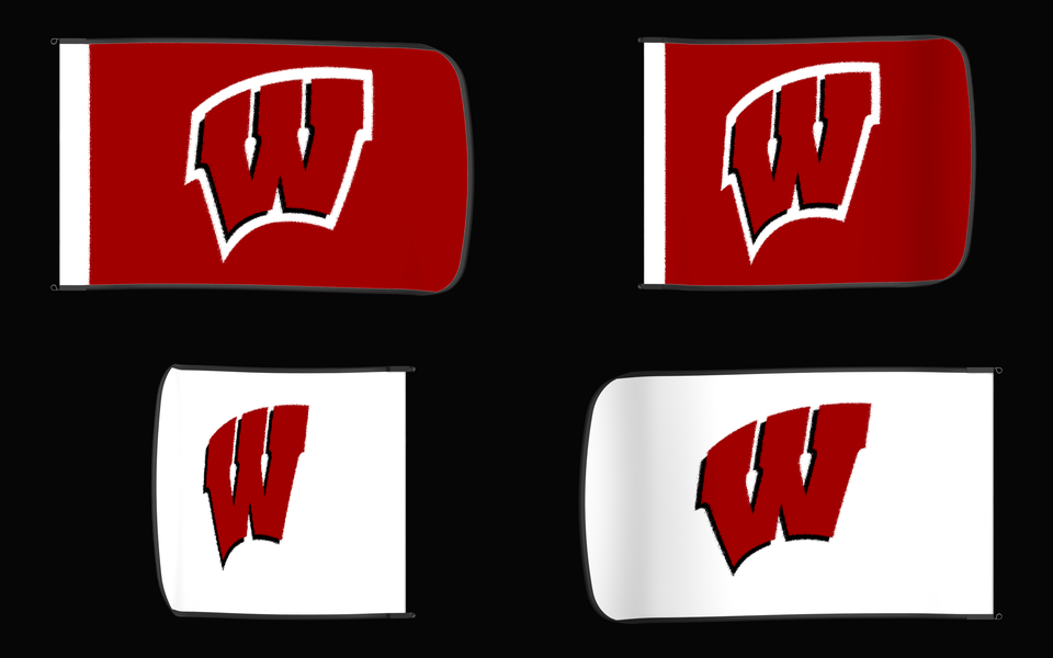 Wisconsin Badgers Authentic Gameday Flag — clean four-view front design, front flying, back flying, and back design proof — source_sha256=ee321cb9f9f61f03909d3fd10755e83fec716445f6db7b35691ca75ba8212552