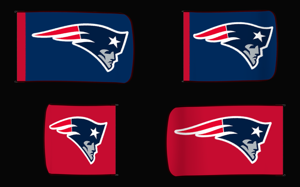 New England Patriots Authentic Gameday Flag — clean four-view front design, front flying, back flying, and back design proof — source_sha256=796e0e848c0321414385a0e68b56f9aca452afd587c8330f580e5f2569300a08