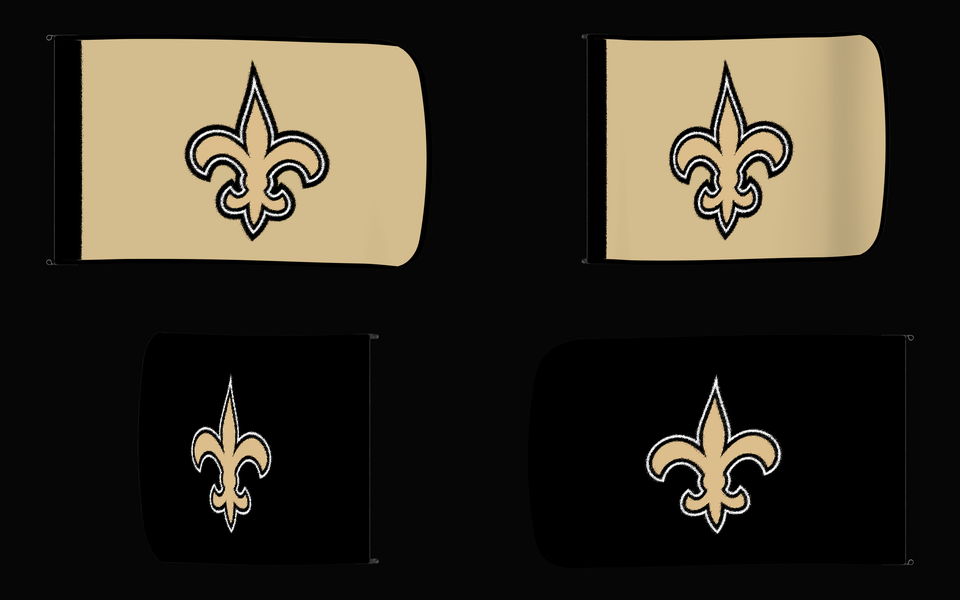 New Orleans Saints Authentic Gameday Flag — clean four-view front design, front flying, back flying, and back design proof — source_sha256=9663198fe2a0d4d9f491241fff7ccc44c8bccae505d6e9bd429834628de6a367
