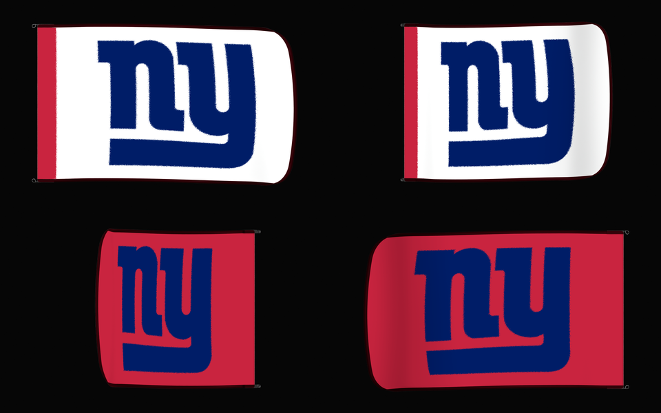 New York Giants Authentic Gameday Flag — clean four-view front design, front flying, back flying, and back design proof — source_sha256=03b5823a9825201995163a795d29ec0daa273ad0e790cbb8b4893a736f14438a