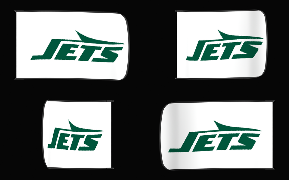 New York Jets Authentic Gameday Flag — clean four-view front design, front flying, back flying, and back design proof — source_sha256=f9f14ee49169f3d39b99ef9af53376e49568f04acfaf281a82752401b729c731