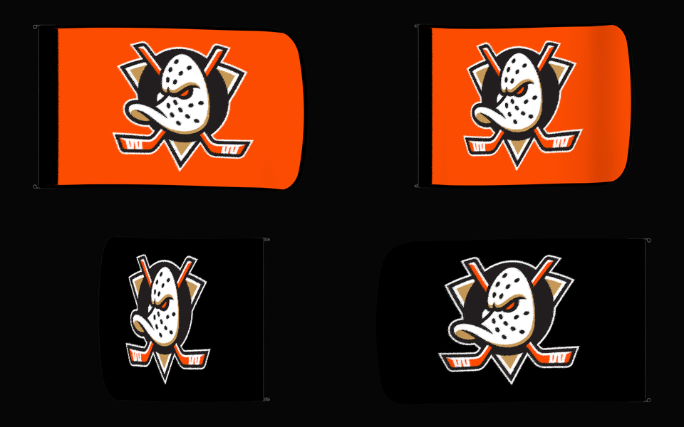 Anaheim Ducks Authentic Gameday Flag — clean four-view front design, front flying, back flying, and back design proof — source_sha256=63bbf21265638e406be4c413eeafb8d28824a7e1fab6193deb2c0d6d890bd661