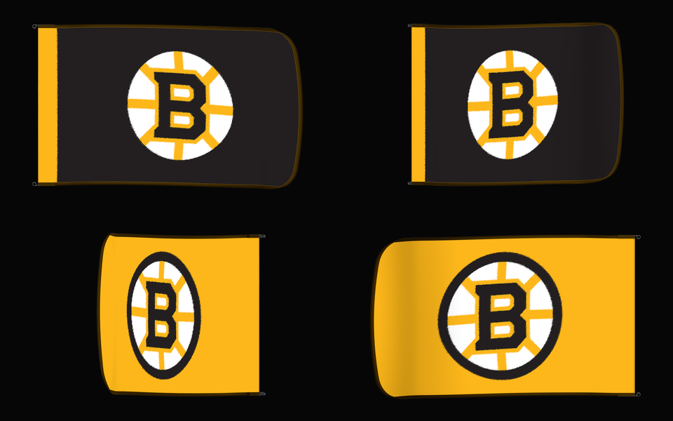 Boston Bruins Authentic Gameday Flag — clean four-view front design, front flying, back flying, and back design proof — source_sha256=b18aad6d174ab16a0f0e98ef093f097eed1062a7d939f2a198aed11e13c0b816