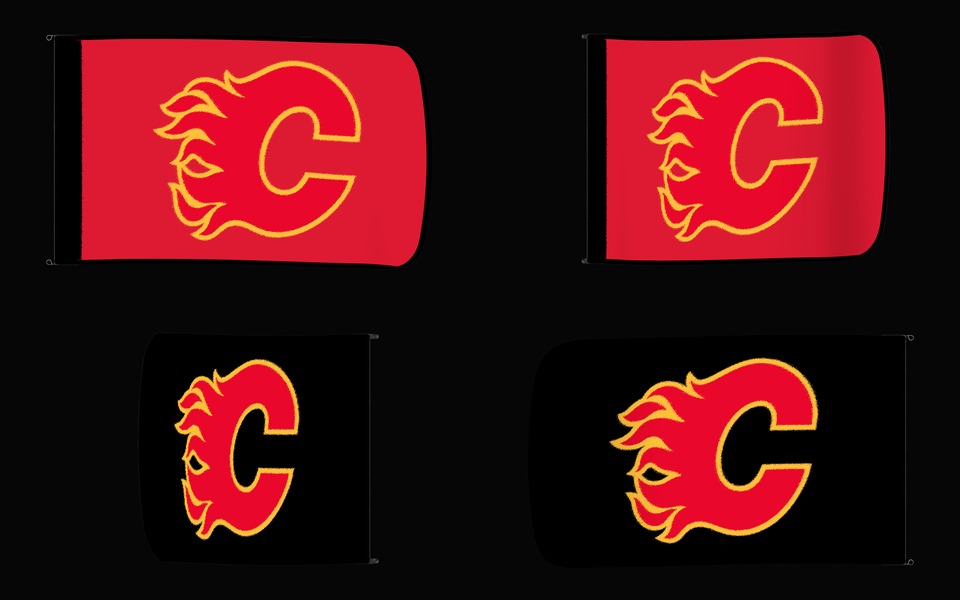Calgary Flames Authentic Gameday Flag — clean four-view front design, front flying, back flying, and back design proof — source_sha256=673600bd75213b11c8fef6f400a031f08bcd541d3262a9f0bb7a25832b5575f0