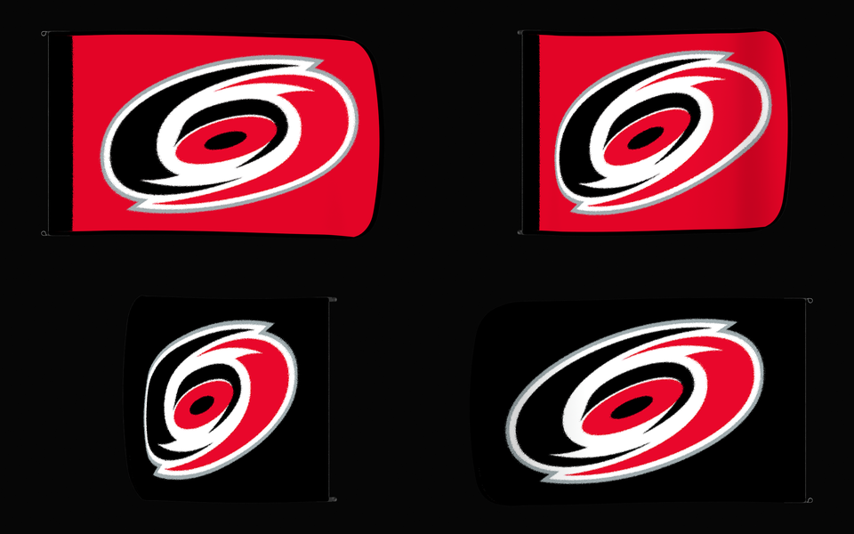 Carolina Hurricanes Authentic Gameday Flag — clean four-view front design, front flying, back flying, and back design proof — source_sha256=d4130e3730bb8d090b7b73c1061593caf3f4efdd8310af52b56699fec9f4cc64