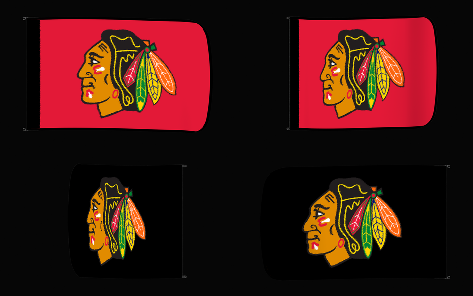 Chicago Blackhawks Authentic Gameday Flag — clean four-view front design, front flying, back flying, and back design proof — source_sha256=f65971a646359059e26b795efefa75c208f0162df17f2900826535a0b7626ed0