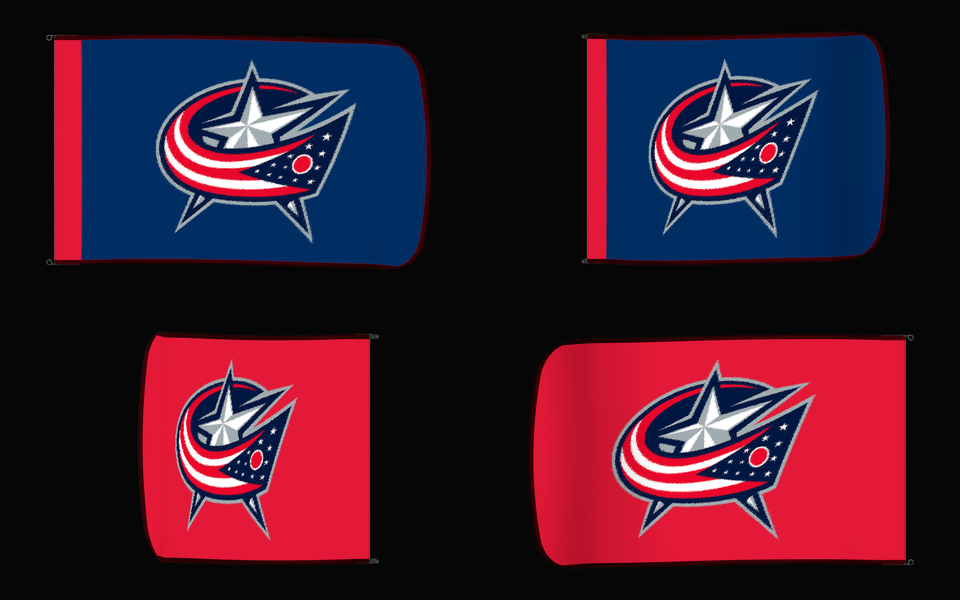 Columbus Blue Jackets Authentic Gameday Flag — clean four-view front design, front flying, back flying, and back design proof — source_sha256=a9aca953e29dc0c8f4bd96a4636ac124d886df1fe9c0828aa9167646d08efbb5