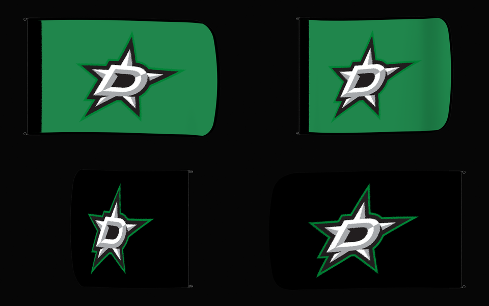 Dallas Stars Authentic Gameday Flag — clean four-view front design, front flying, back flying, and back design proof — source_sha256=f67d415ead9693173c9f8e0bb2dec65e6e98b2d7267b6f2193dc33f67db126fd