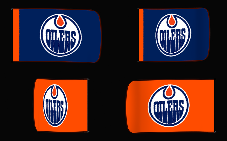 Edmonton Oilers Authentic Gameday Flag — clean four-view front design, front flying, back flying, and back design proof — source_sha256=ccec8d19fb7428a2cfb981950a864527c568e562217fc2a9b83e645ee2d69c32