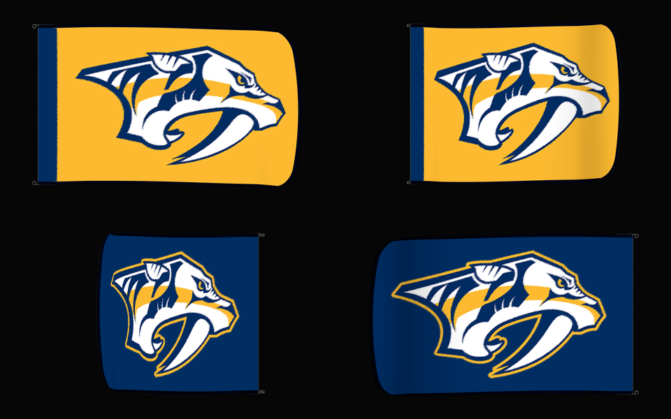 Nashville Predators Authentic Gameday Flag — clean four-view front design, front flying, back flying, and back design proof — source_sha256=11fd82ac29a6aa975974bc5f2a049ebe28cc2304c6aeab42c90b5bcfd6843b90