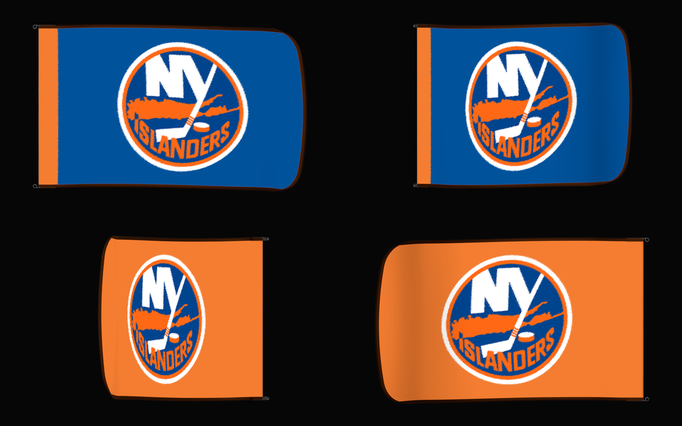 New York Islanders Authentic Gameday Flag — clean four-view front design, front flying, back flying, and back design proof — source_sha256=f8bd36d138a3a803cd4e3ec859a0b926a9d008de84220a7743594ee748953901