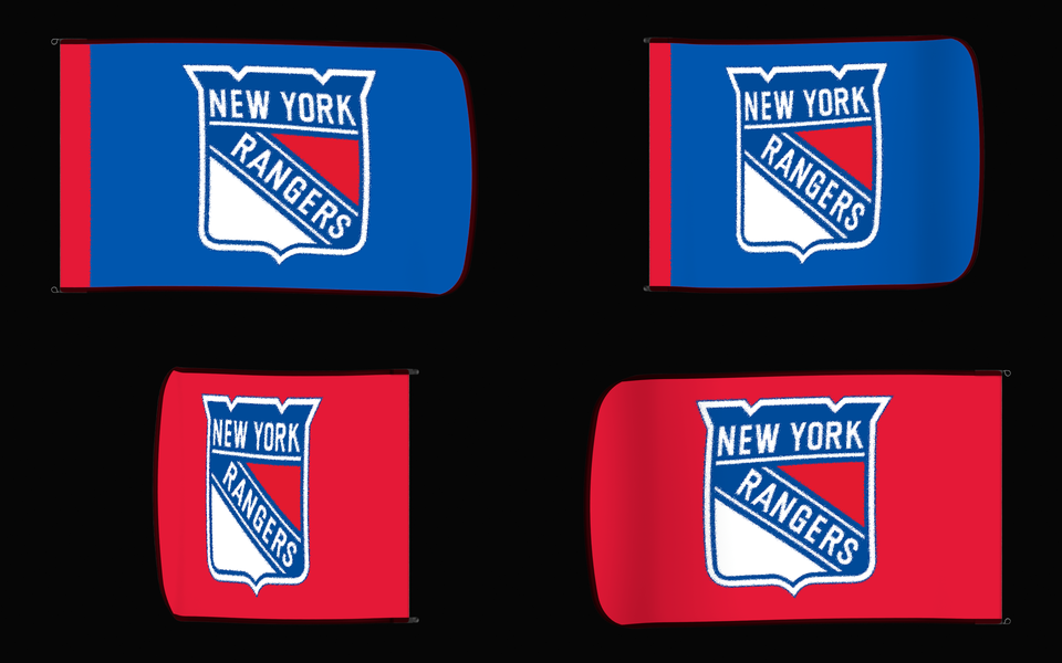 New York Rangers Authentic Gameday Flag — clean four-view front design, front flying, back flying, and back design proof — source_sha256=76b69e3cb9b8f2a4bec324eacec69e8ea5dcbf5ab848027b57037a67bfed4ec0