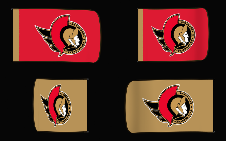 Ottawa Senators Authentic Gameday Flag — clean four-view front design, front flying, back flying, and back design proof — source_sha256=aefebedde8b1a5b37dcdc863eb40976a0c4153584525c984420912dcce6f7f42