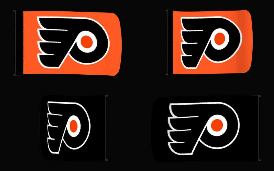 Philadelphia Flyers Authentic Gameday Flag — clean four-view front design, front flying, back flying, and back design proof — source_sha256=48bdcb366e31d543ee1e9aa35555b6947f639be2b7f494b22078b1ba074eeb91